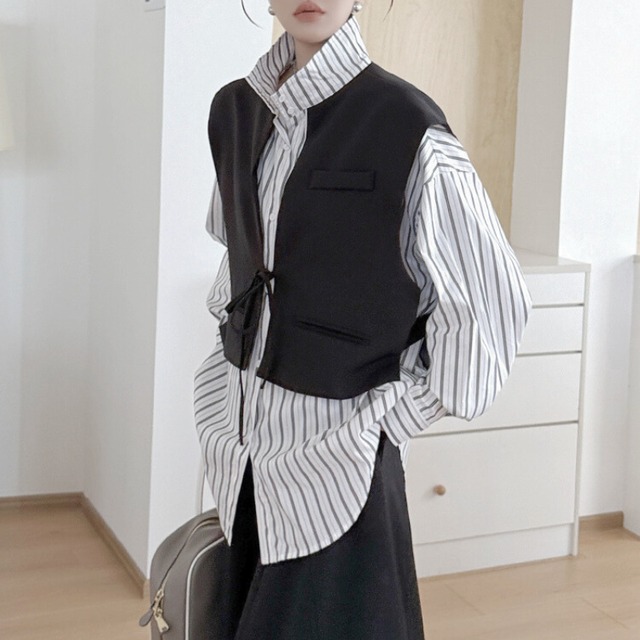 Striped shirt layered vest【2color】 C1263