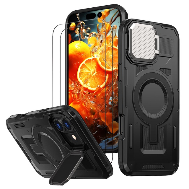 HCXLYP iPhone 17 ケース MagSafe対応 隠れスタンド カメラコントロール レンズ保護 スマホケース ブラック