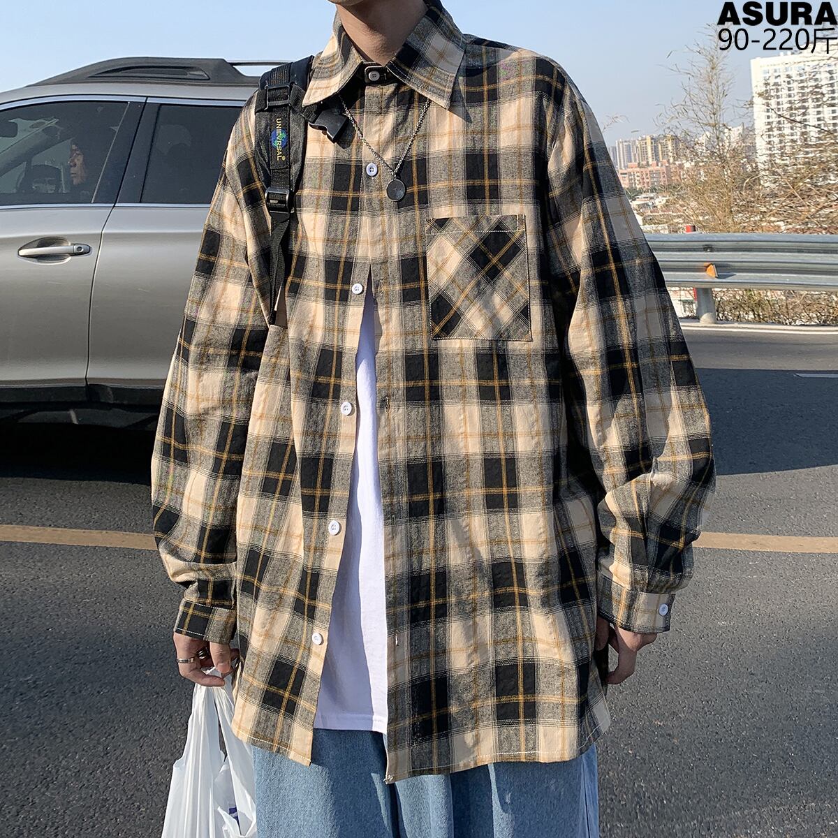 格子柄シャツ ジャケット スプリングオータムスタンダード ロング レトロ 大きめサイズ 春物 秋物 ASURAプラスサイズメンズ60274816333