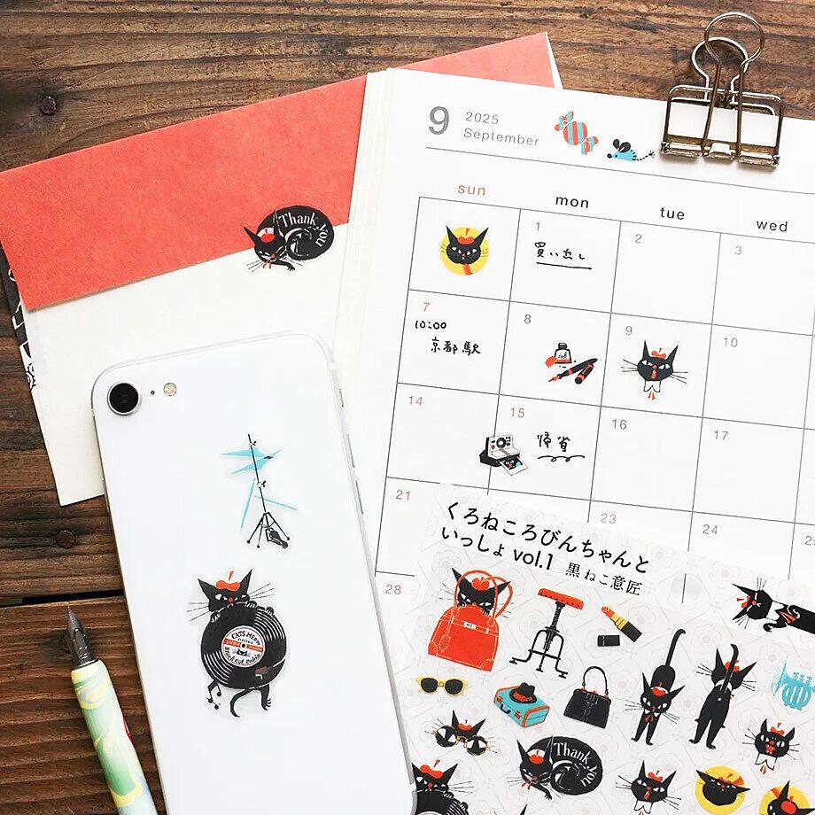 黒ねこ意匠 シールシートステッカー くろねころびんちゃんといっしょ