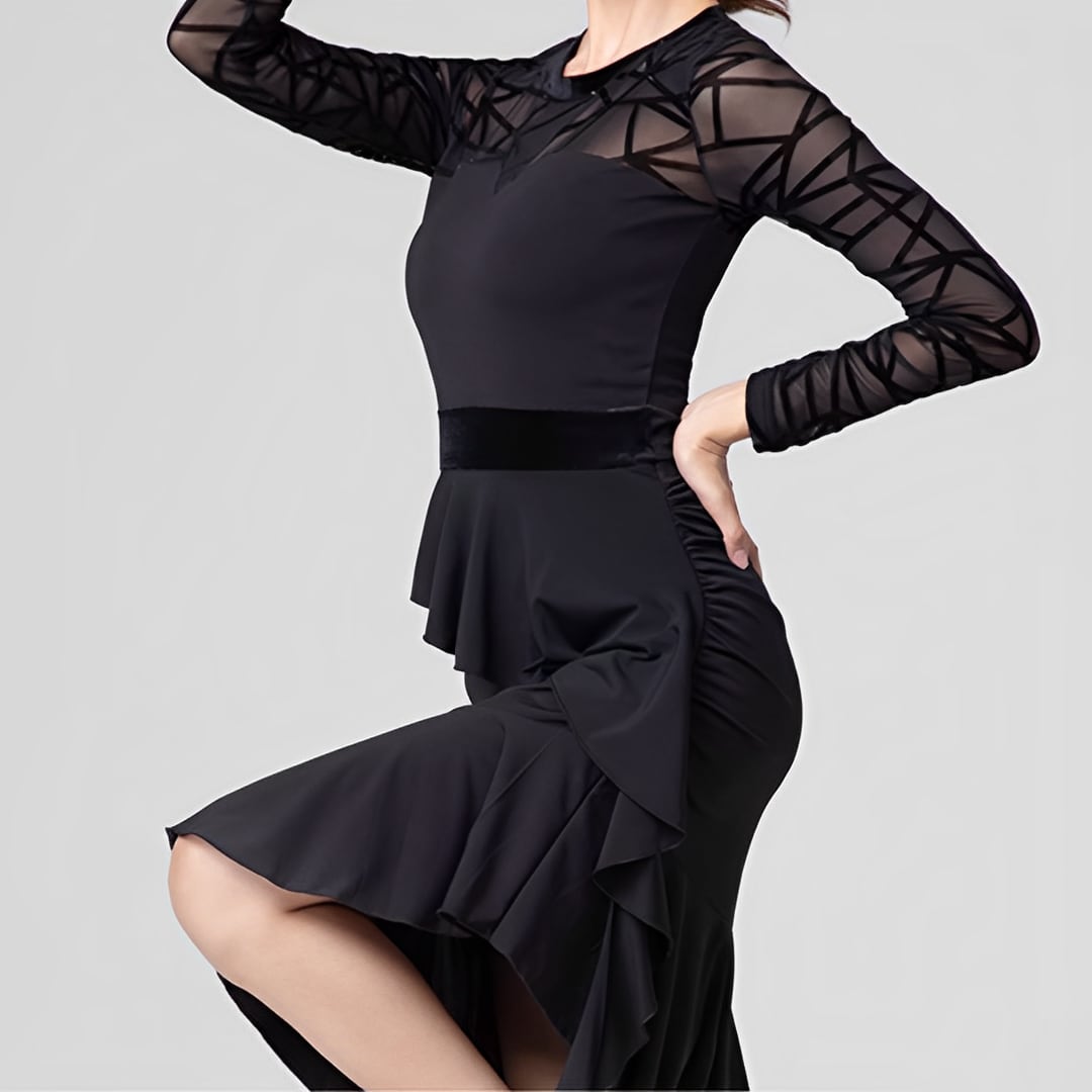 シアースリーブデザイン ブラックダンスドレス (4XLまであり)