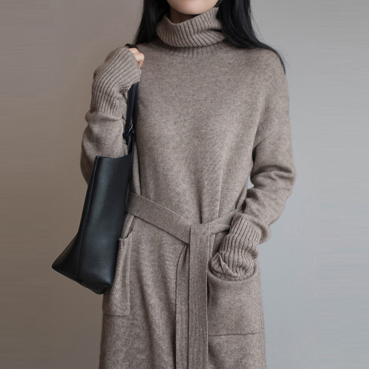 ミッドレングスのハイネックニットセーターワンピース 【MKOP49】