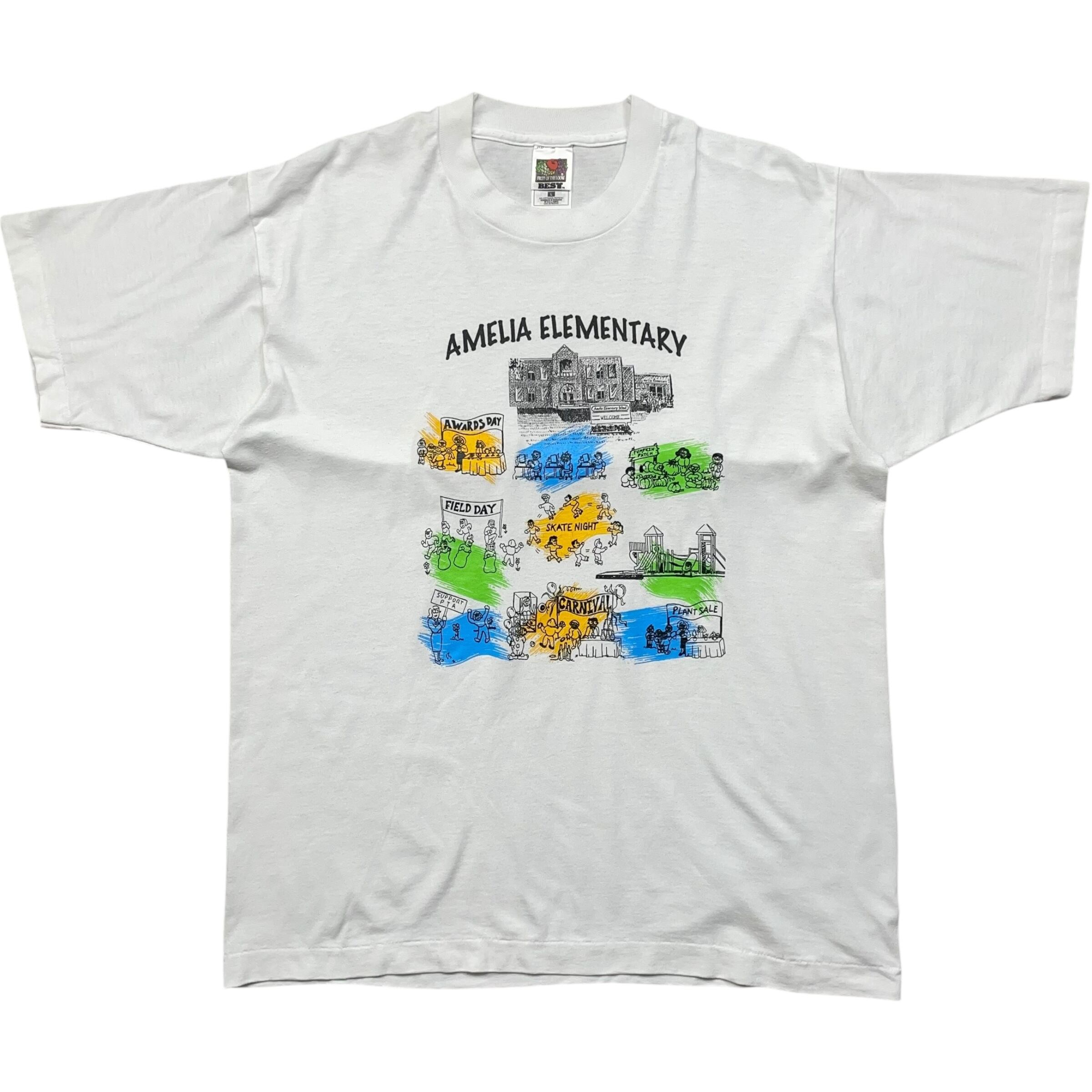 《L》 FRUIT OF THE ROOM フルーツオブザルーム Tシャツ アメリア小学校 イベント 学校行事 イラスト プリント ホワイト 90年代 vintage no.8281