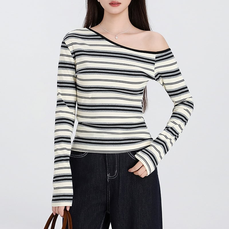 one-shoulder border slim casual rib-knit m1358