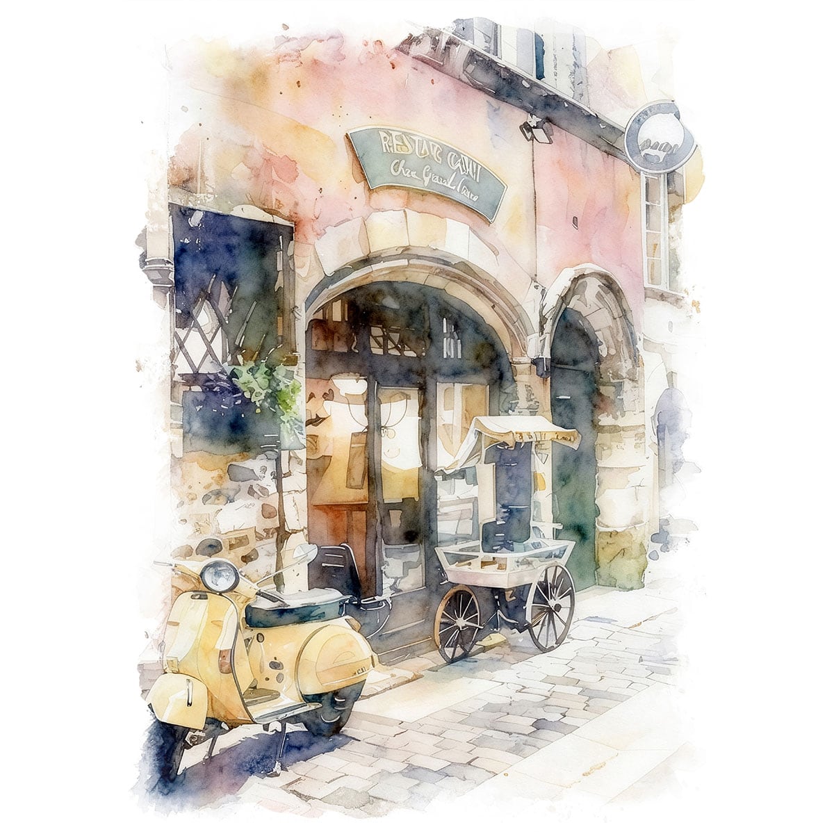 絵画 フランス 風景画(街並み) リヨン バイクとレストランの風景