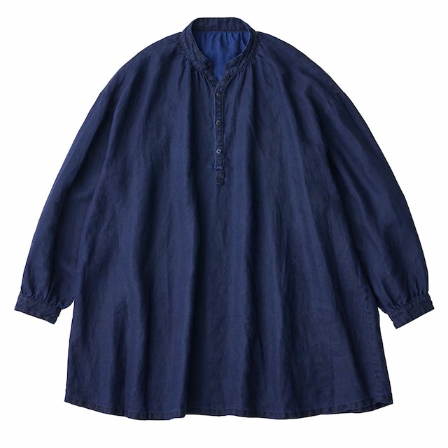 FARMER'S LINEN STAND COLLAR LONG SMOCK SHIRT