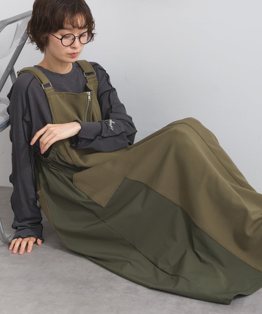 K53120 ポンチ異素材切替ジャンパースカート / Ponte Mixed Fabric