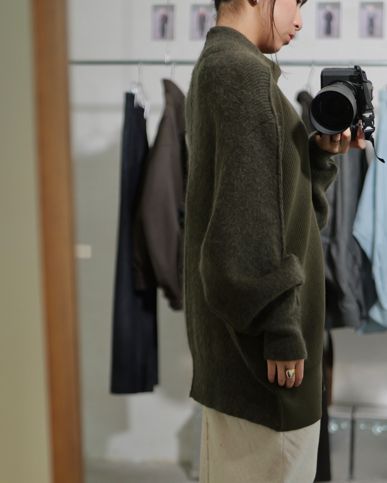 予約販売 | i’m here : - “SWITCH” DRIVER’S KNIT ：Khaki｜前後スイッチ／ドライバーズニット／異素材の温度
