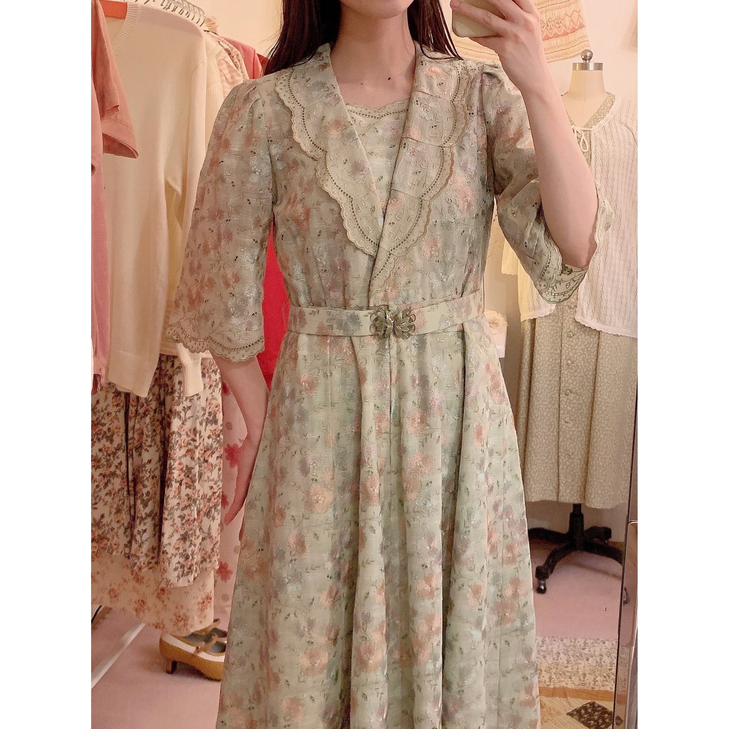 flower embroidery lace green one-piece