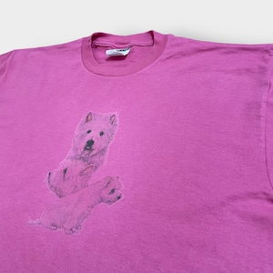 【JERZEES】90s USA製 アニマルプリント Tシャツ 犬 ワンちゃん L 半袖 ピンク US古着