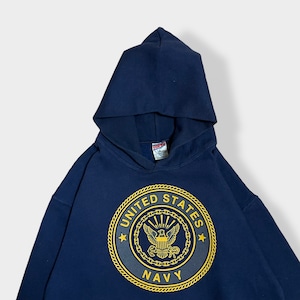 【SOFFE】USA製 ロゴ プリント UNITED STATES NAVY バックプリント パーカー プルオーバー スウェット フーディー hoodie M ネイビー ソフィー 米軍 アメリカ軍 ミリタリー us古着