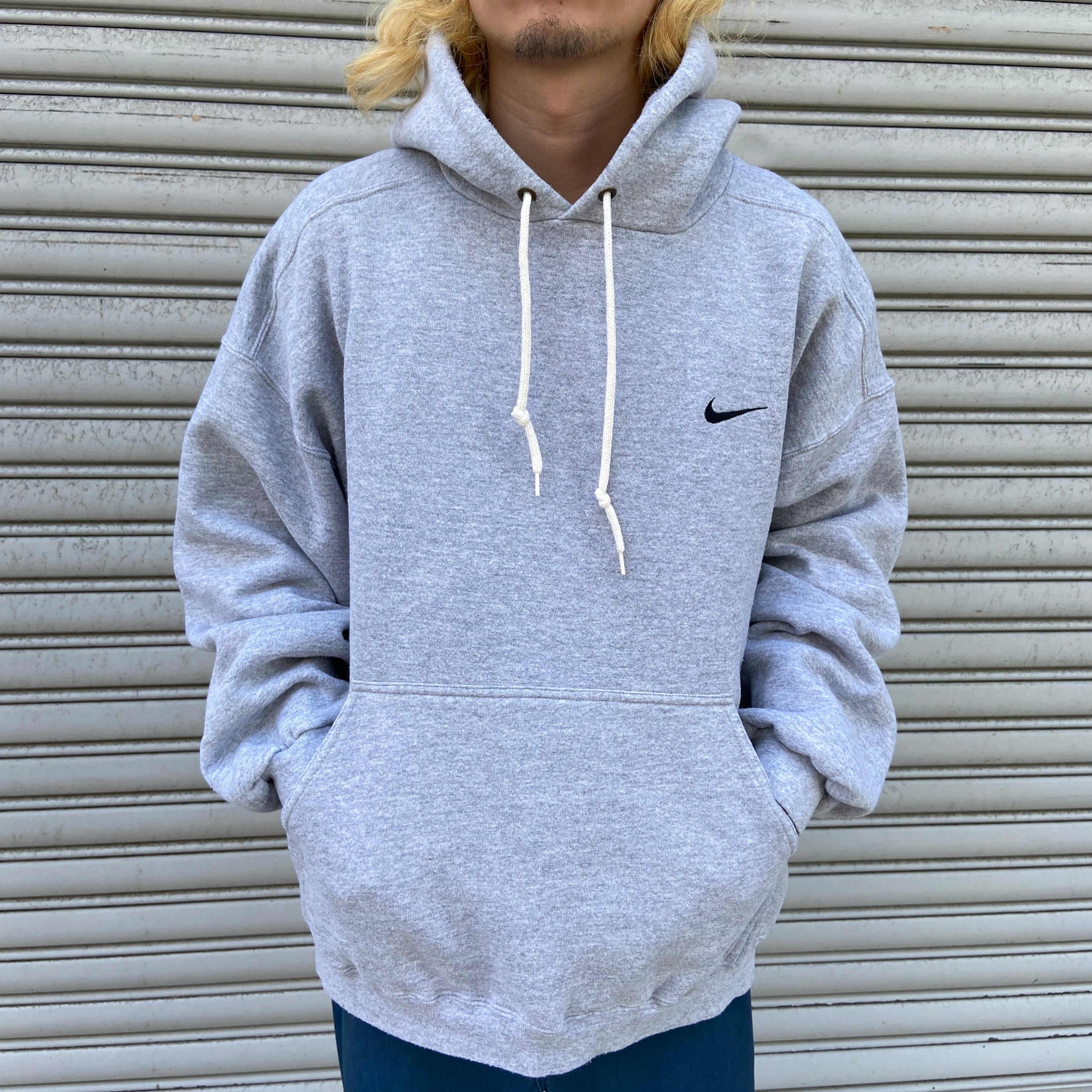 90s NIKE ワンポイントロゴスウェットパーカー フーディ グレー XL