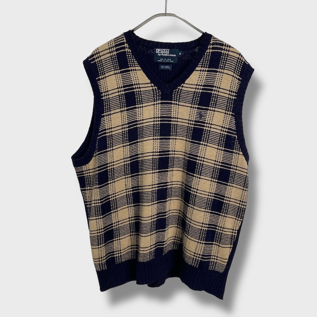 90s ラルフローレン リネンコットンベスト チェック柄 Vネック ベージュ M