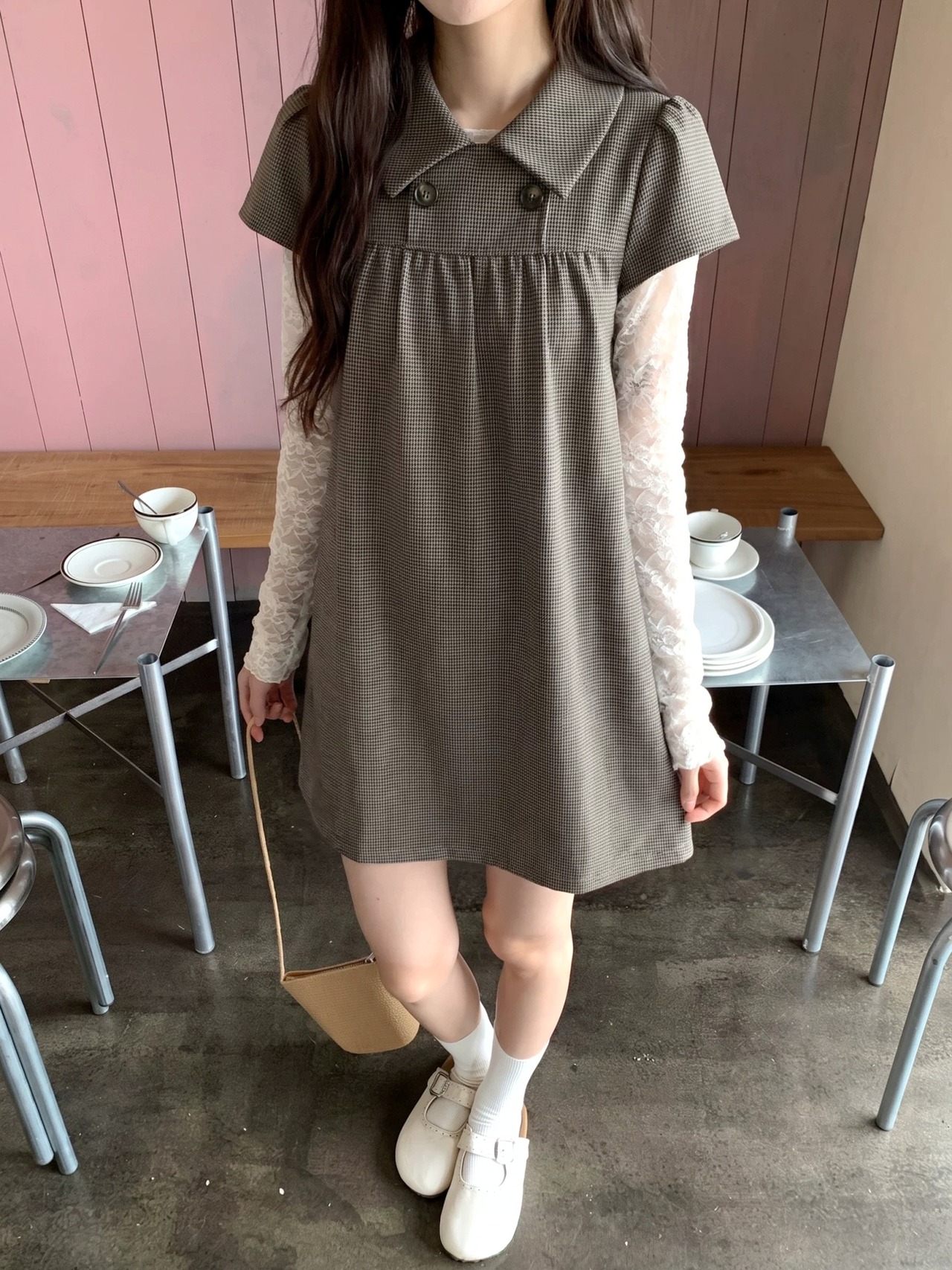 レトロチェックワンピース&レースインナーセット LK1874