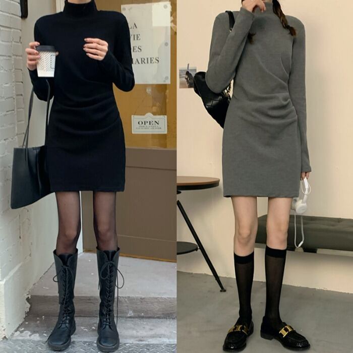 デザインセンスウエストプリーツボトミングスカートレディースシングル着用2020年秋新作ハーフハイネックワンピースショートスカート クレセントシティ9823122697