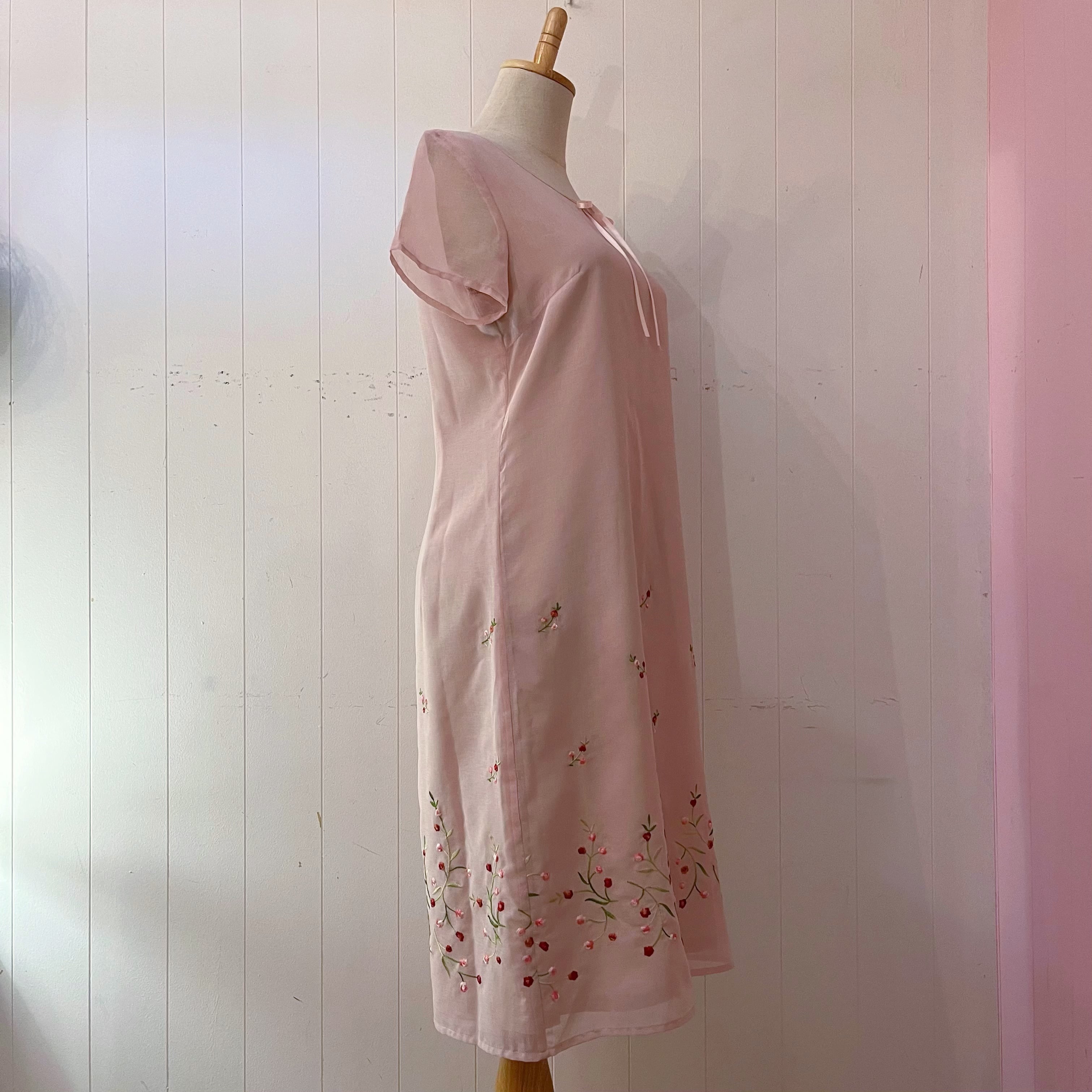 flower embroidery pink sheer one-piece