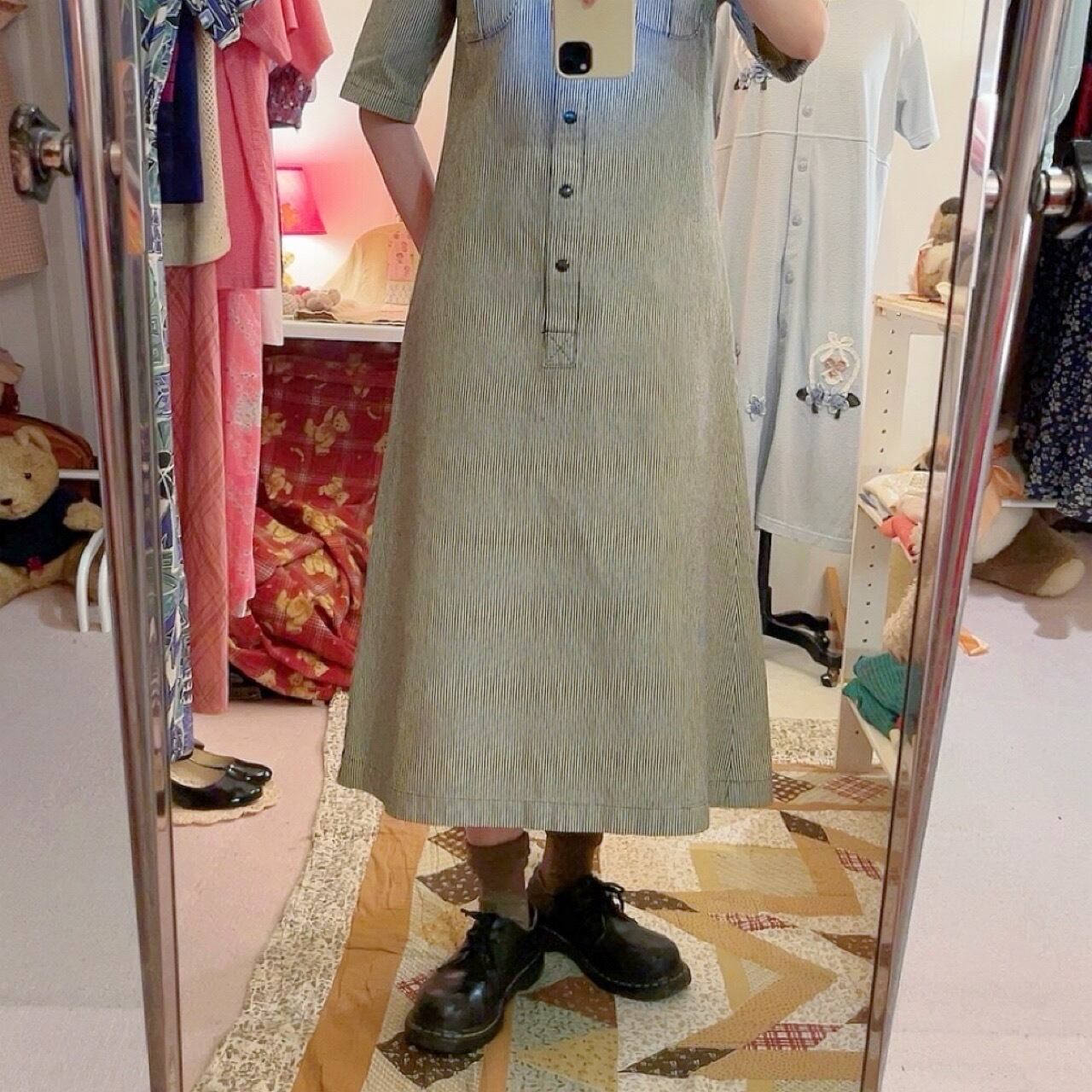 hickory stripe snap button one-piece