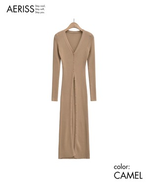 Vネックボタンリブニットワンピース 4color A0693