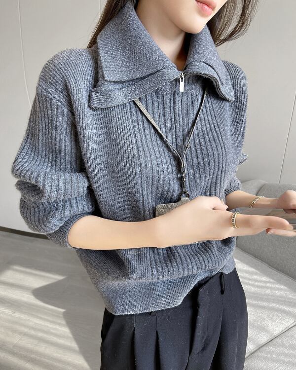 Half zip lapel knit pullover TH2967