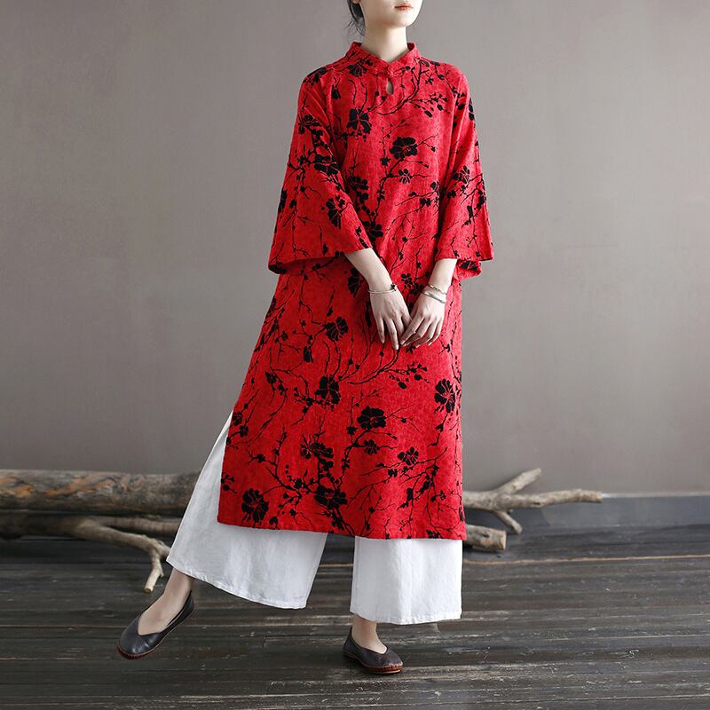 宋姿シリーズ チャイナ風ワンピース 花柄ワンピース 春服 秋服 レッド 赤い 九分袖 コットン Elegant