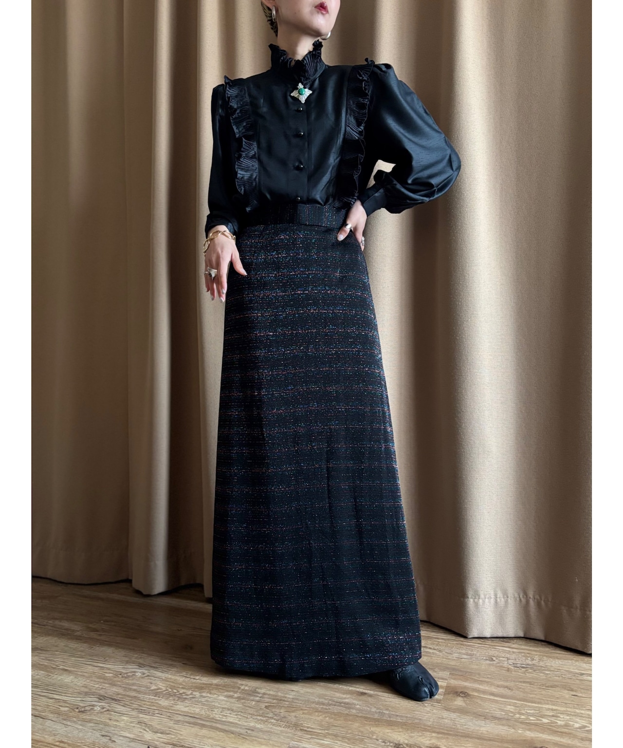 glitter design black maxi skirt-4622-4