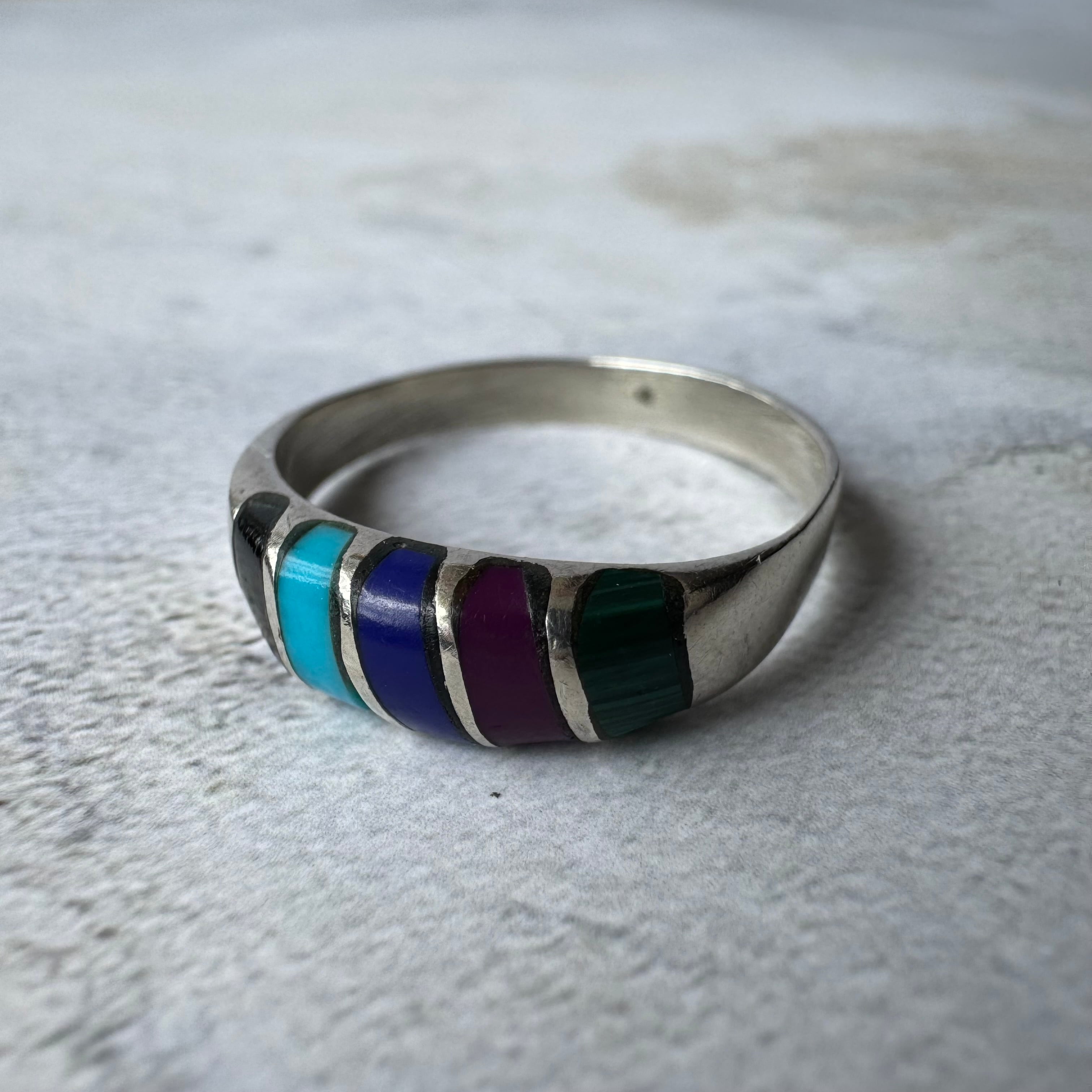 Vintage Five Gemstone Inlay Ring Silver925 Size13 Made in Mexico