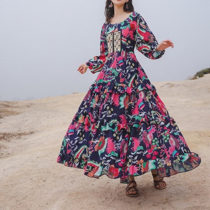 チベット風 民族 ワンピース O799 Leaf Tone