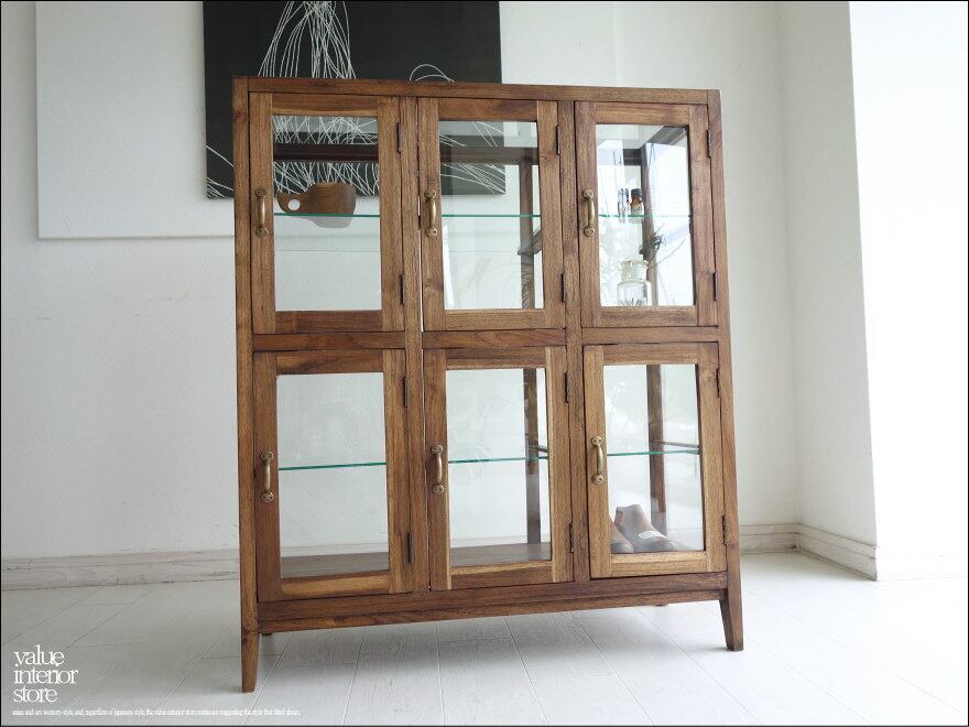 「 S様 御予約商品 」チーク総無垢 ガラスパンケース6枚扉Med ショーケース コレクションケース 陳列棚 店舗什器 ガラスケース 飾り棚 真鍮金物 新品 送料無料