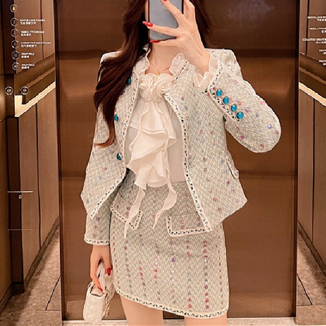 【Airi Styleシリーズ】セットアップ テクスチャがいい 高品質 ツイード スパンコール 一 アウター+スカート ライトグリーン S M L