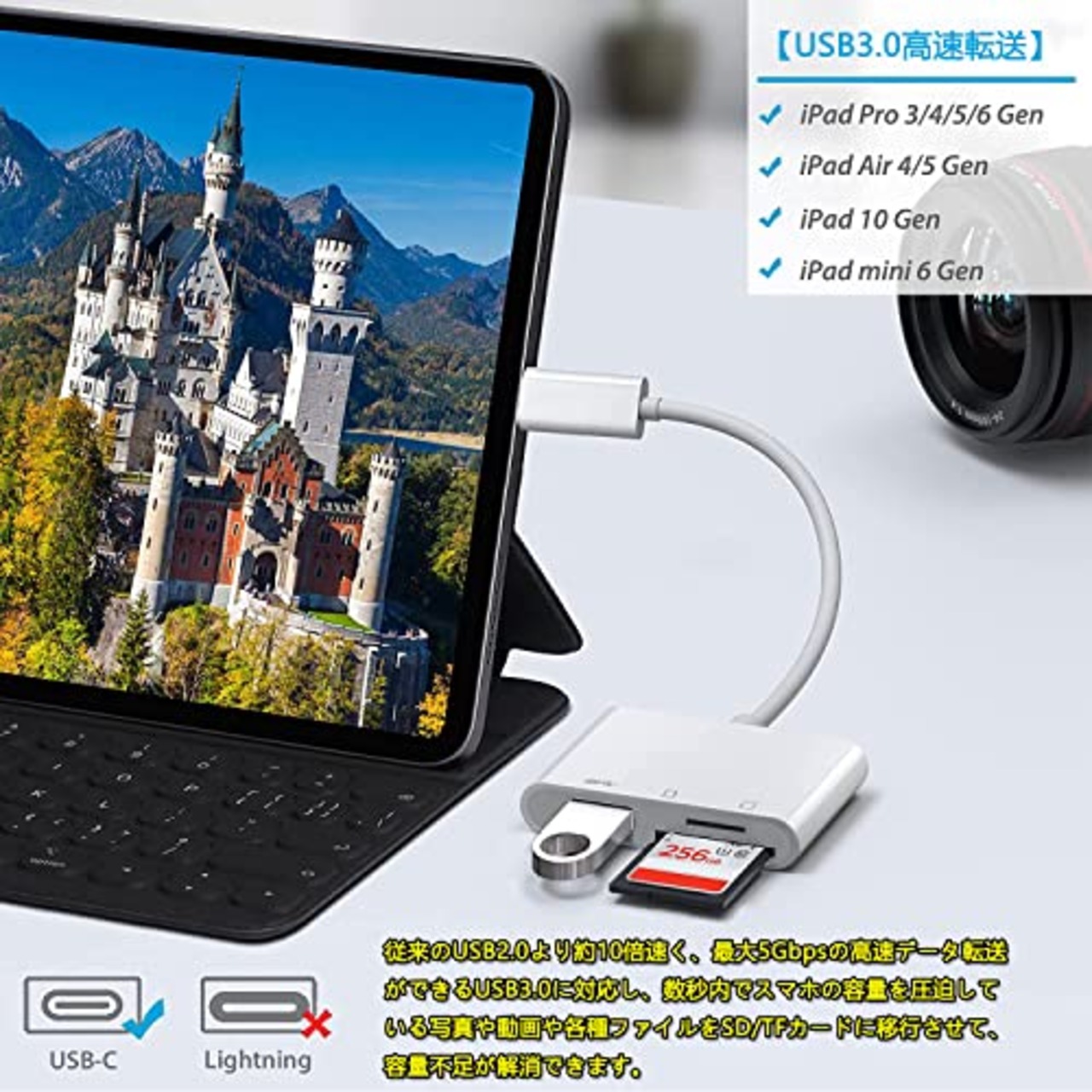 カードリーダー 3in1 Type-C メモリカードリーダー TF USB カメラアダプタ 変換 アダプタ 0TG機能 多機能 データ転送 設定不要 双方向高速データ転送 写真/ビデオ/ファイル/キーボード i-Phone/Windows/Macbook/Android対応 MMC Micro、RS MMC、MicroSDHC、Micro SDXCなどのカードに対応しま