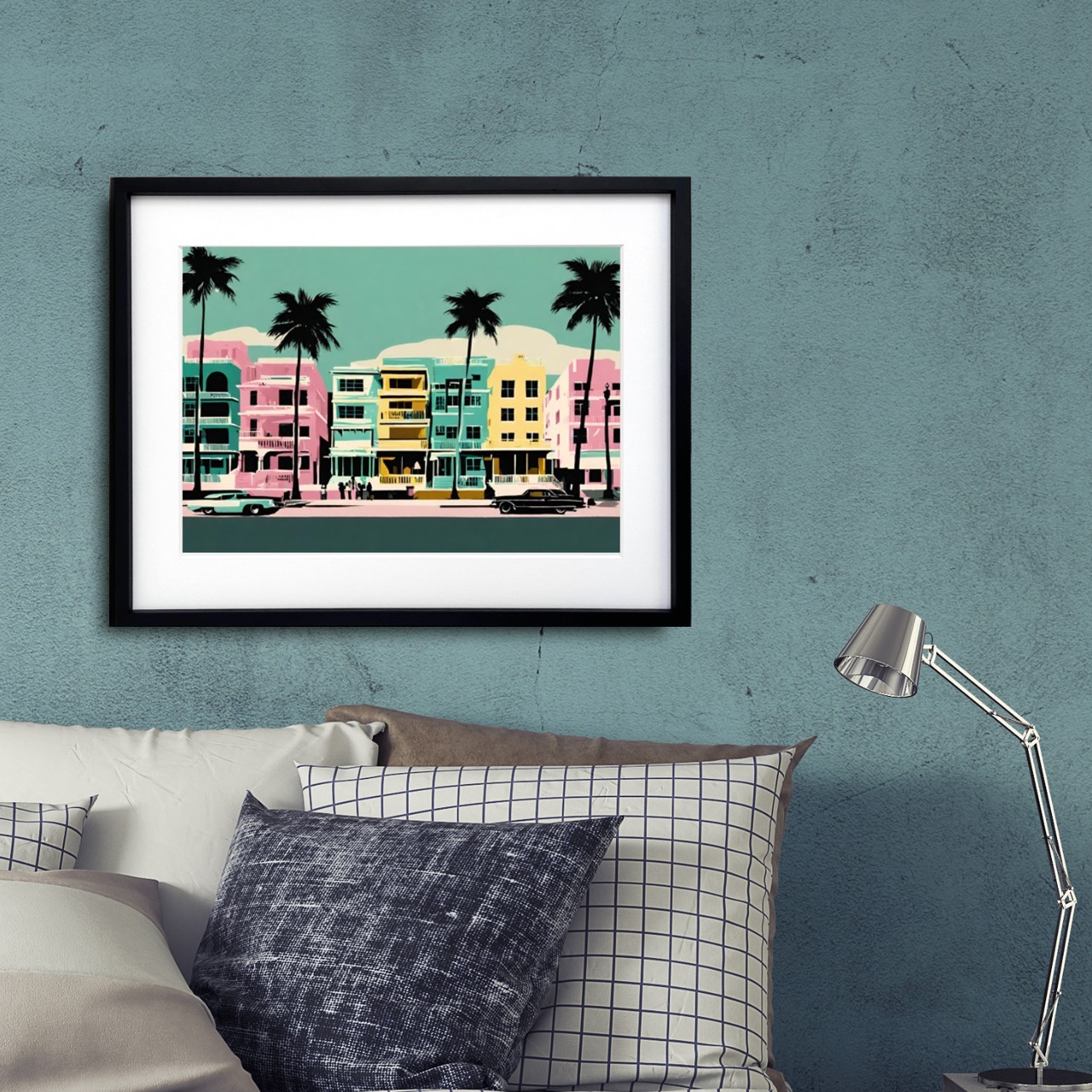 Santa Monica｜西海岸の海辺を描くアメリカンヴィンテージアートポスター｜カリフォルニアの開放感を添える額縁付きインテリアA2ポスター
