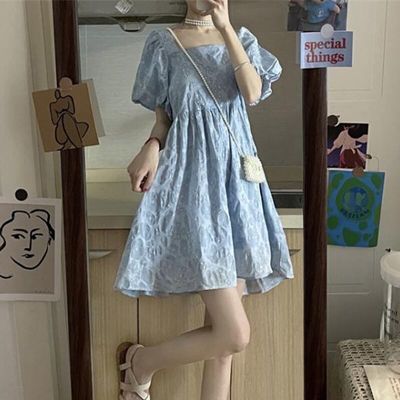 ジャカードスリーブドレス サマースカート 大人ガーリー スウィート キュート カジュアル 夏物 スクウェア 萌量不足87204692267