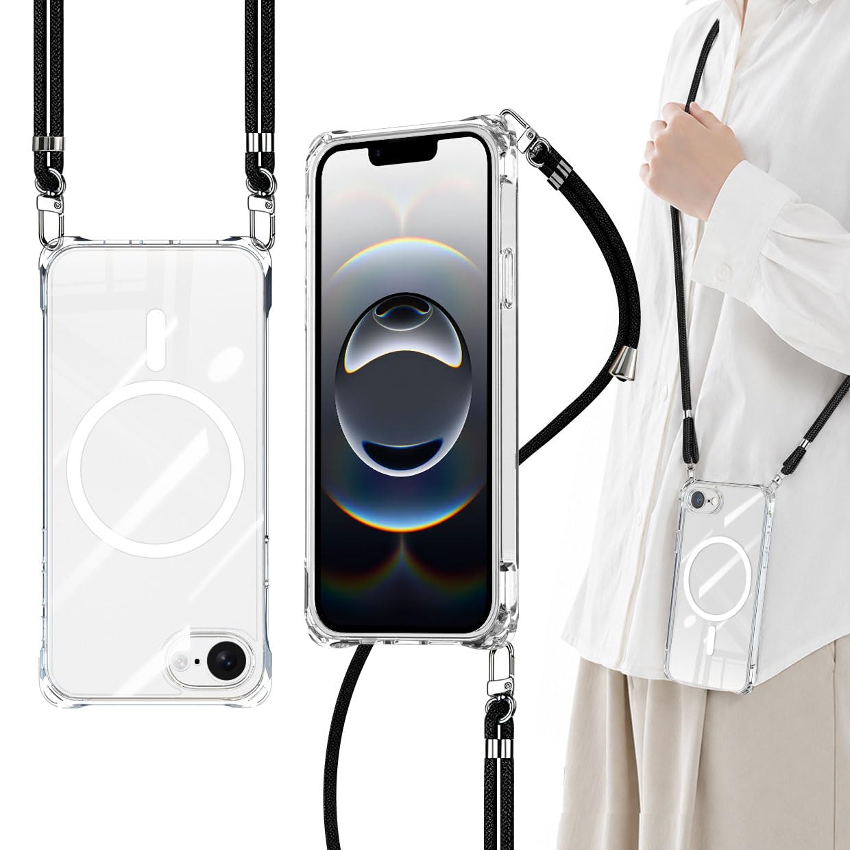 iPhone 16E / 17E クリア ショルダー ケース MagSafe対応 強力マグネット 耐衝撃 TPU 4か所ストラップホール