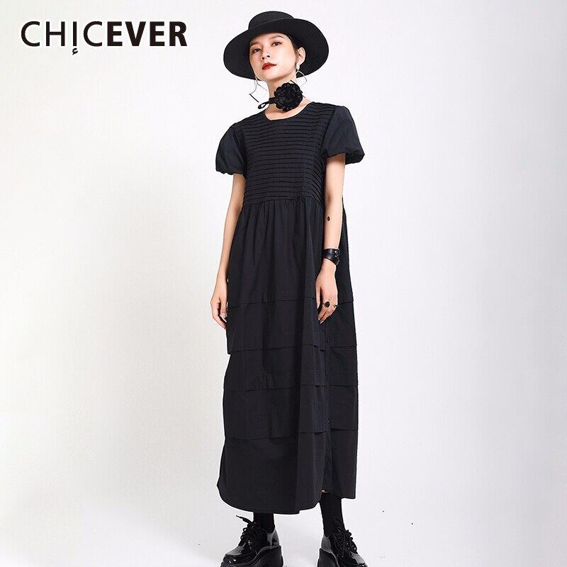 CHICEVERパッチワークストライプレディースドレスOネックパフ半袖シャーリングサイドスプリットサマードレス2020 ショート ハーフスリーブ 夏物 6base595236572356