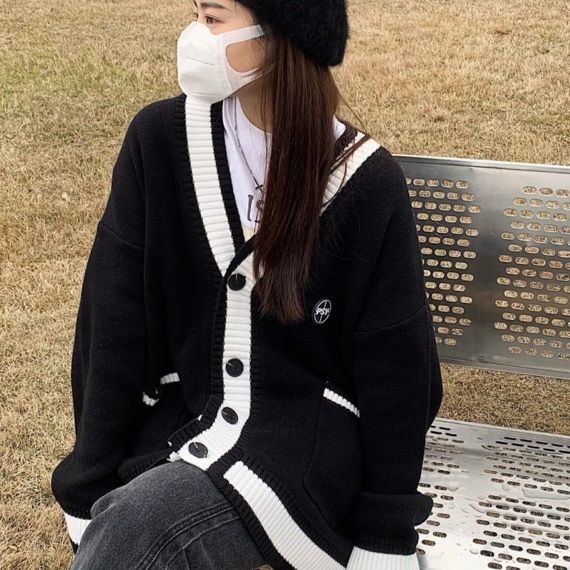 韓国 メンズ ニット カーディガン セーター オーバーサイズ 学生 グレー