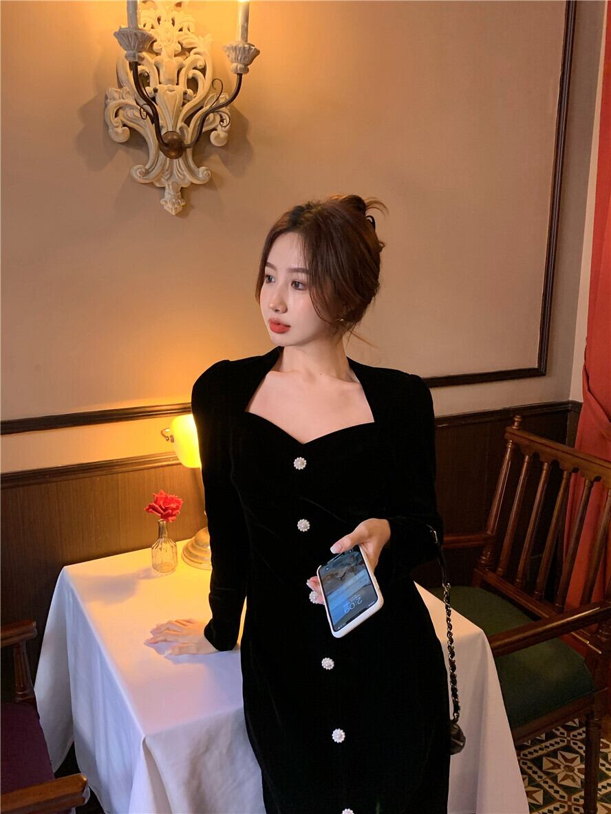 ベルベットドレス ウェストスタンダードブラックミディスカート スプリング ロング レトロ 春物 ブラックストロベリース17125406606