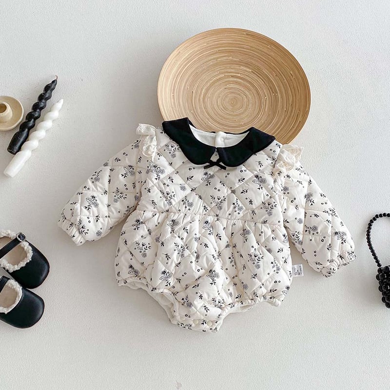 【BABY】冬作花柄裏起毛キルティングロンパース