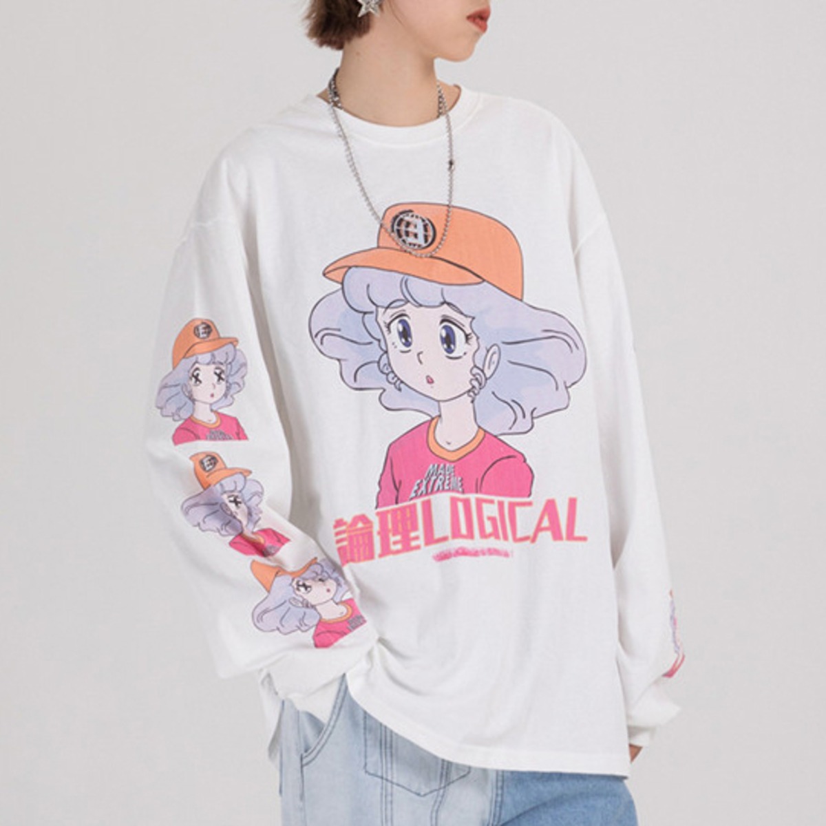レトロガール 女の子 漫画柄 サブカル ロングtシャツ ロンt 長袖 メンズ ユニセックス レディース ビッグシルエット オーバーサイズ 白 M L Xl 90s アニメ オタク 原宿 かわいい ストリート 韓国 秋物 冬物 チベタンタイガーラグ チベット