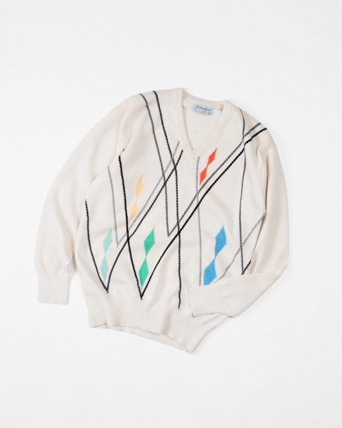 [80's] "BALLANTYNE" Pure Cashmere Abstract Argyle V-Neck Sweater (Made in Scotland)