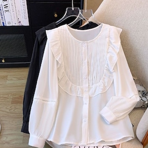 FRILL TRIMMED ROUND NECK LONG SLEEVES DESIGN BLOUSE 2colors M-8723
