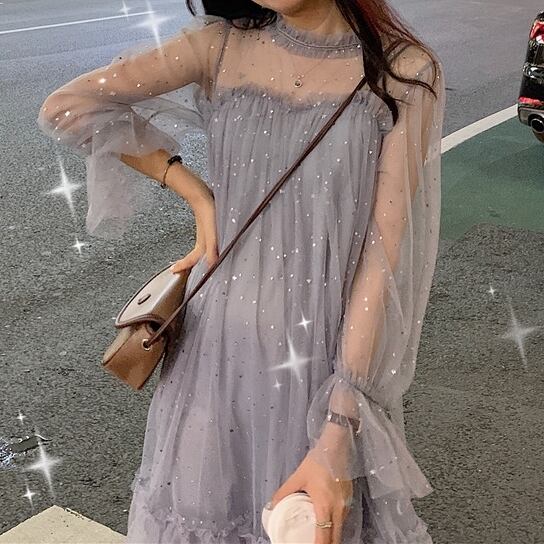 【着用レビュー】2タイプ ドレス レディース 半袖 長袖 膝丈 ひざ丈 ミモレ ミモレ丈 チュール シフォン チュール 透け感 スパンコール キラキラ フリル かわいい 大人可愛い おしゃれ お洒落 エレガント キャンディースリーブ 春 夏 秋 謝恩会 結婚式 二次会 披露宴 10代 20代 パーティー 着回し 韓国 韓国系 送料無料 ファッション コーデ スタイル モテ 体型カバー プレゼント トレンド 流行 インスタ映え S M L XL 2XL グレーブルー ベージュ ピンク ブルー ブラック