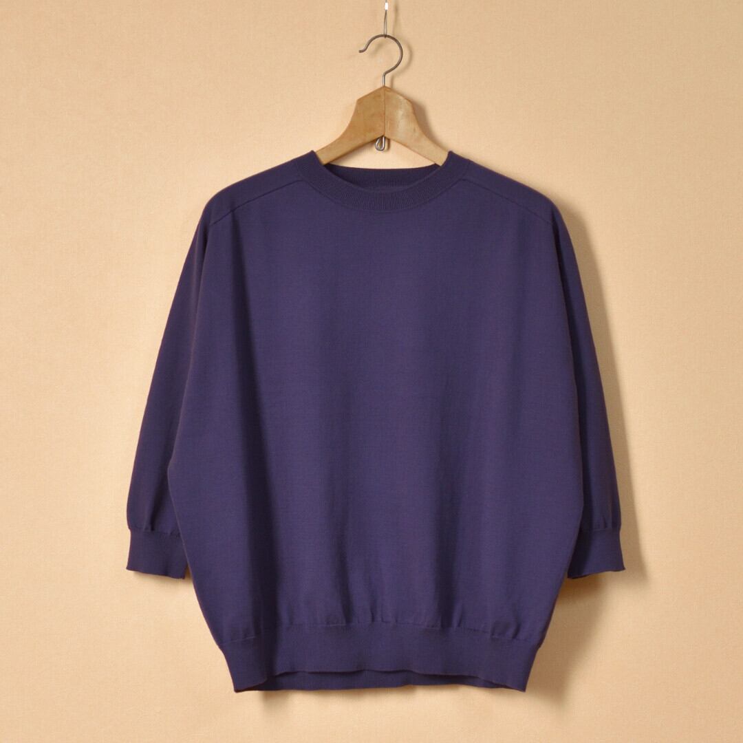 LinenYa リネンや クルーネック7分袖コットンニット・パープル 柔らかく着心地の良いリンキングニットです