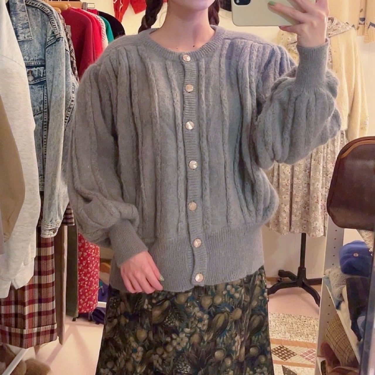 gray line mohair knit cardigan