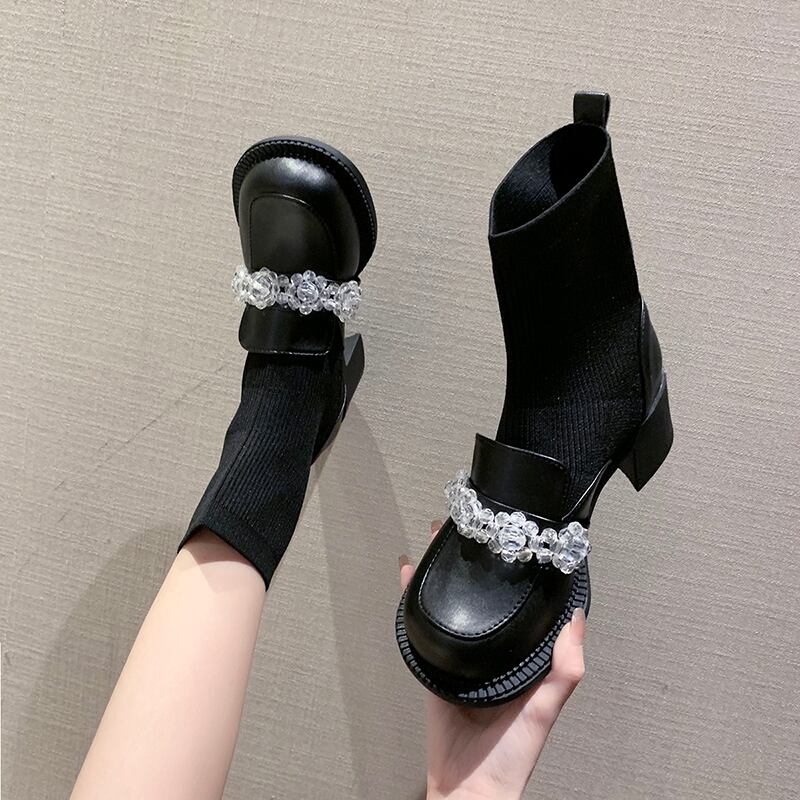 ショートソックス ブーツサマークリスタルFlowerデザイン スタイルストレッチ 靴 シューズ エラスティック 伸縮 夏物 タイツ ストッキング フラワーデザイン 部族の婦人靴38998293496