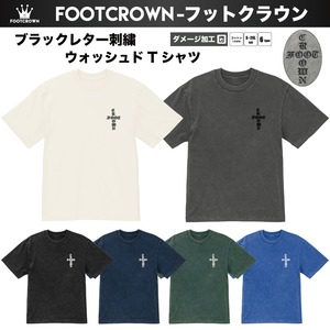 ブラックレター刺繍 ウォッシュドTシャツ ダメージ加工 半袖 刺繍ロゴ S〜2XLサイズ