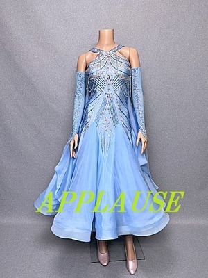 【新着】社交ダンス ドレス　スタンダード　モダンドレス　ライトスカイブルー　M   ST-25-11  デモ・競技用ドレス　発表会衣装　パーティドレス　ワンピース　舞台衣装