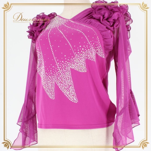 社交ダンス 衣装 スタンダード トップス レッスンウェア レディース パープル系 紫 ラインストーン 長袖 練習着 レース フリル 華やか 上品 社交ダンス トップス レディース 紫 ラインストーン 衣装 キラキラ ストーン装飾 きらきら 練習用 レッスンウェア フリル袖 シフォン フリル レース風 ラインストーン アクセント 長袖 レディス 伸縮性あり ステージ衣装 発表会 舞台用 競技 バックレス風ではない 丈短め ウエストライン 薄手 ルームウェア風 きれいめ フェミニン 上品コーデ ダンスウェア