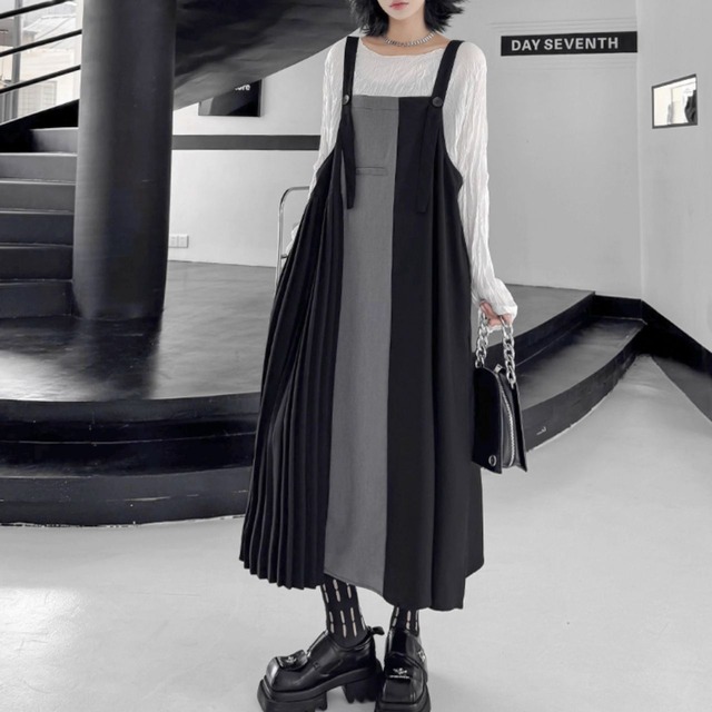 Two-tone pleated a-line jumper skirt C1014