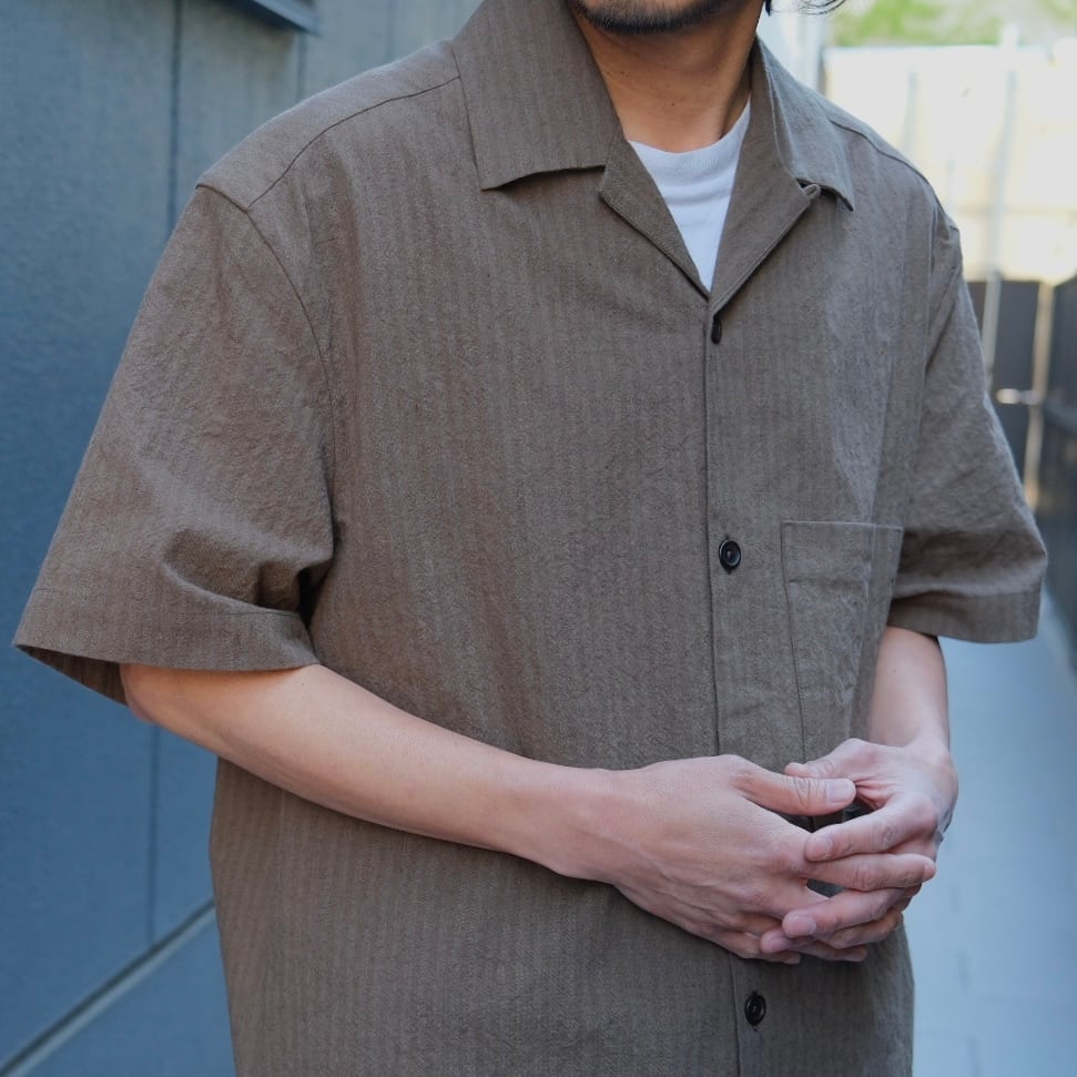 EVAN KINORI(エヴァン キノリ) / Short Sleeve Shirt Hemp Cotton Stripe-Charcoal/Dark Olive-