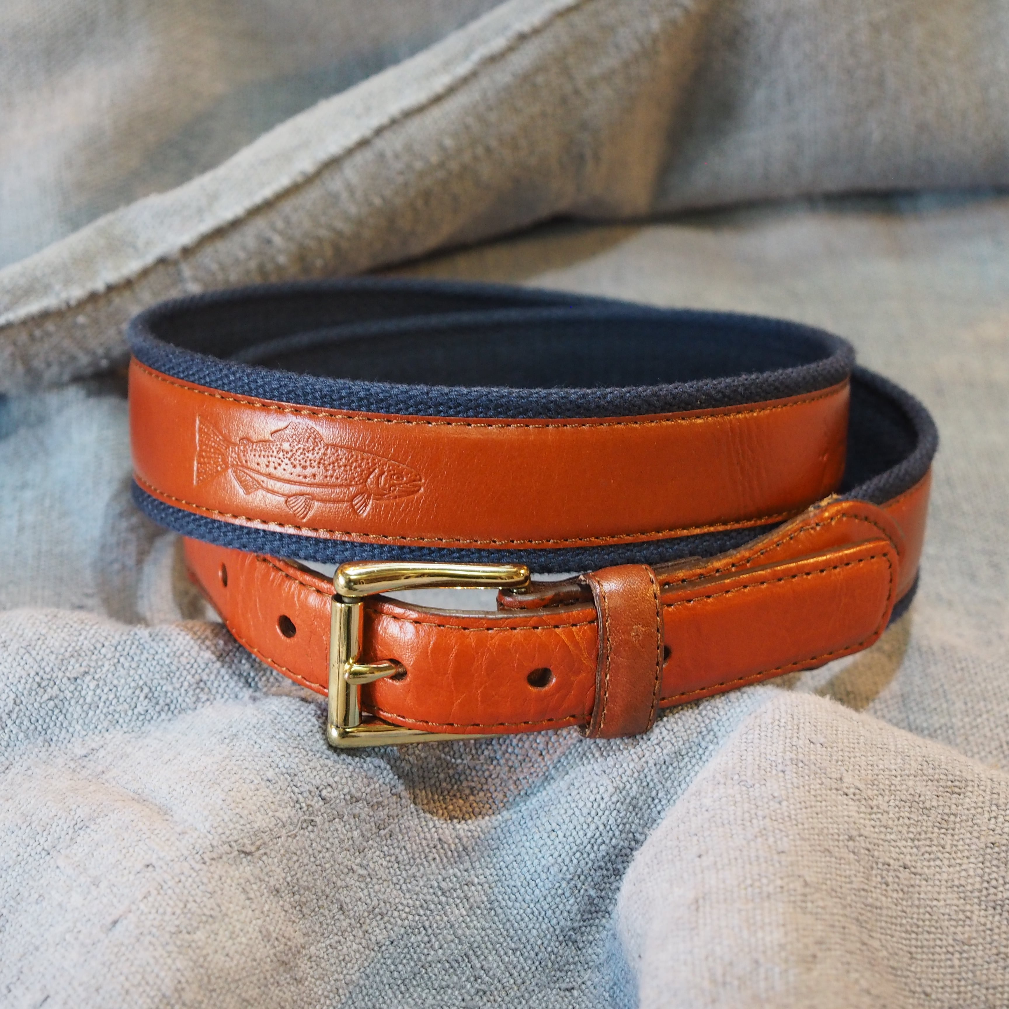 L.L.Bean trout embossed leather×cotton canvas belt CANADA製 エンボス加工 レザーベルト